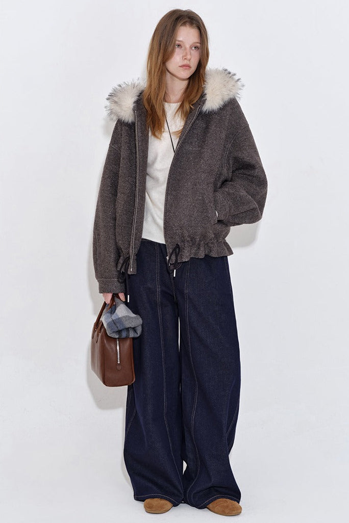 人造毛皮連帽羊毛混紡圈圈保暖外套 B4399