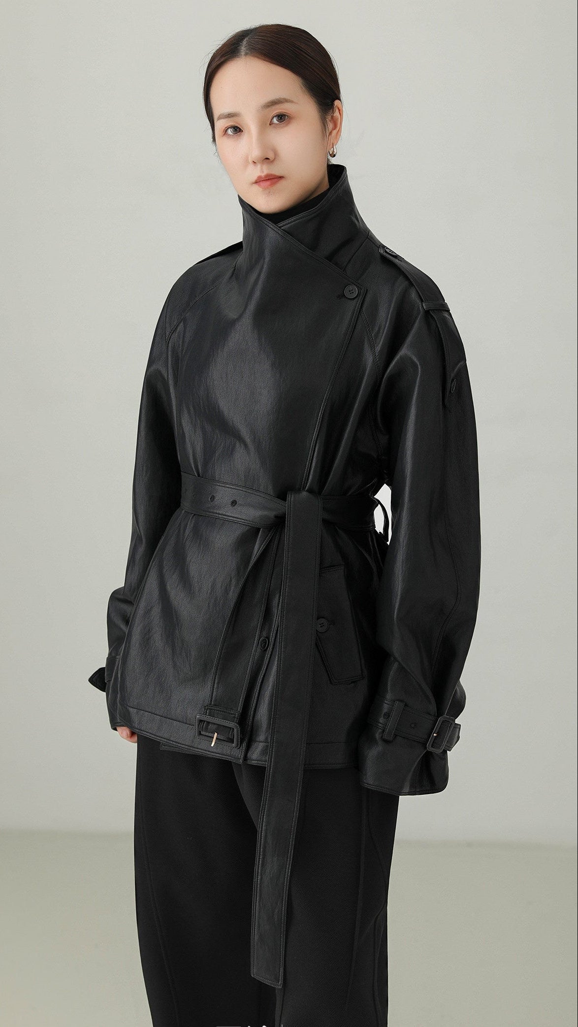 Black PU Leather Belted Stand Collar Jacket B5008