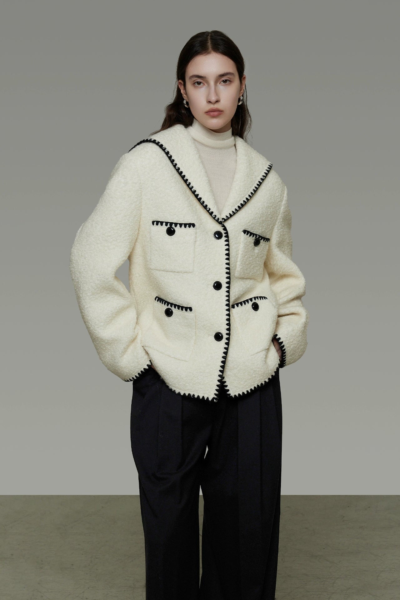 香奈兒風格撞色羊毛混紡大衣 B4490