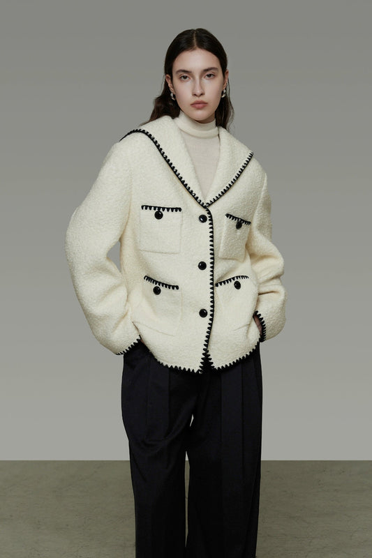 カラーブロッキングシャネル風ウール混コート　B4490