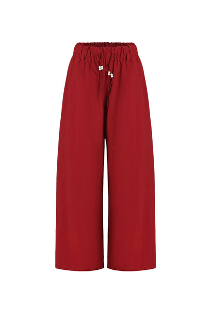 Dark Red Drawstring Beaded Straight Pants B4210