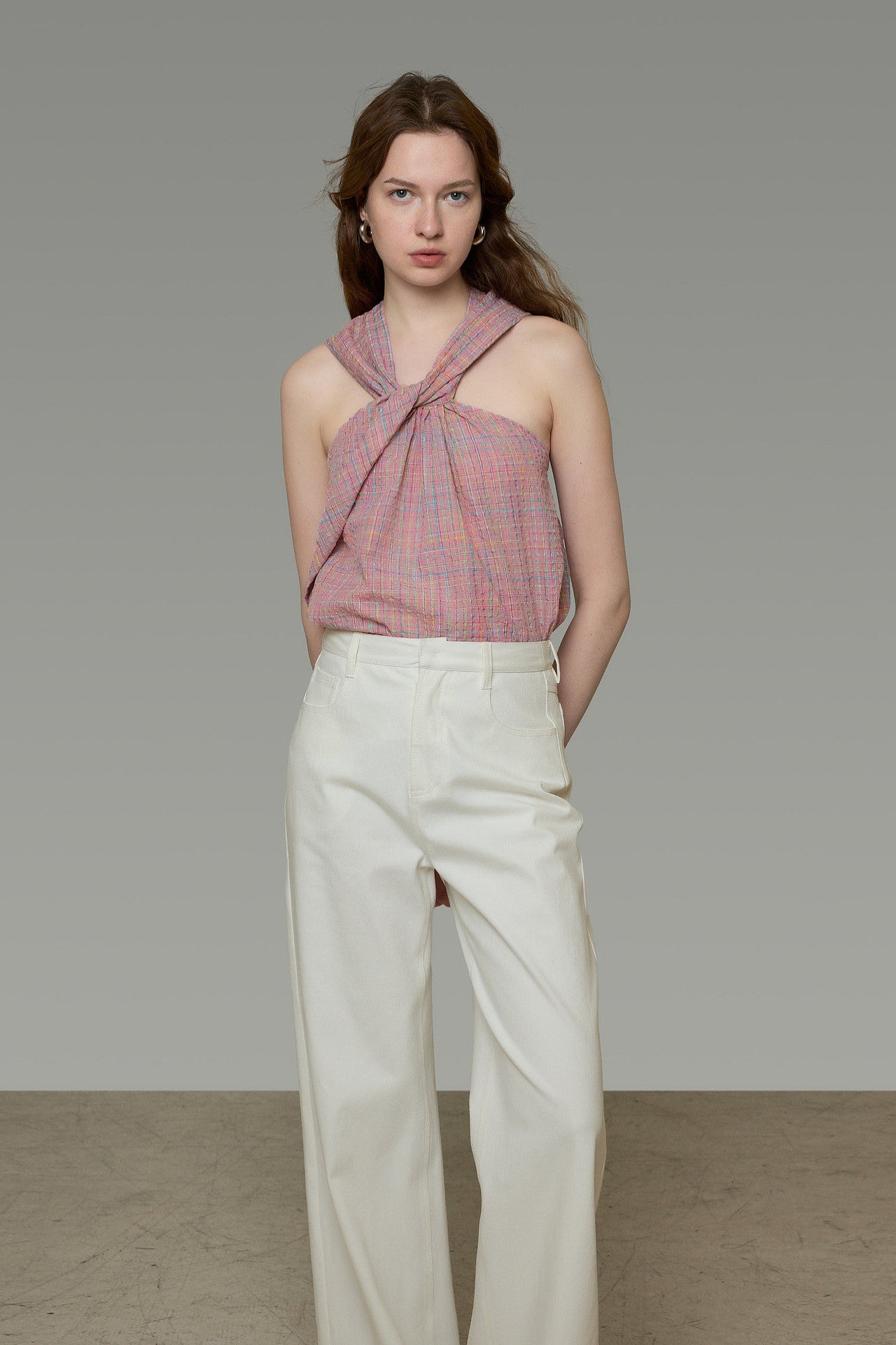 French Check Twist Halter Camisole B4843