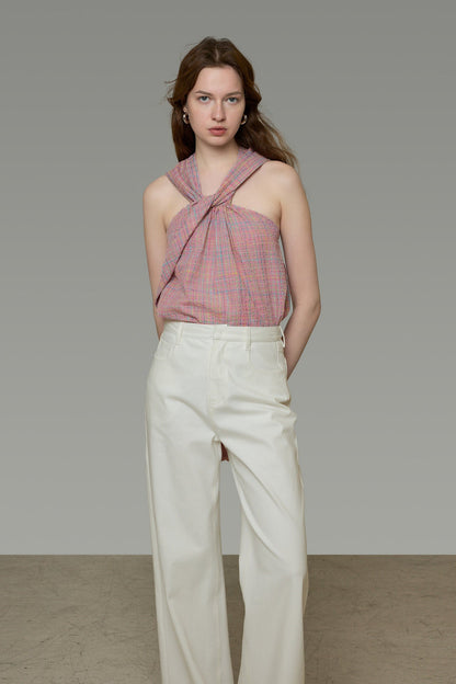 French Check Twist Halter Camisole B4843