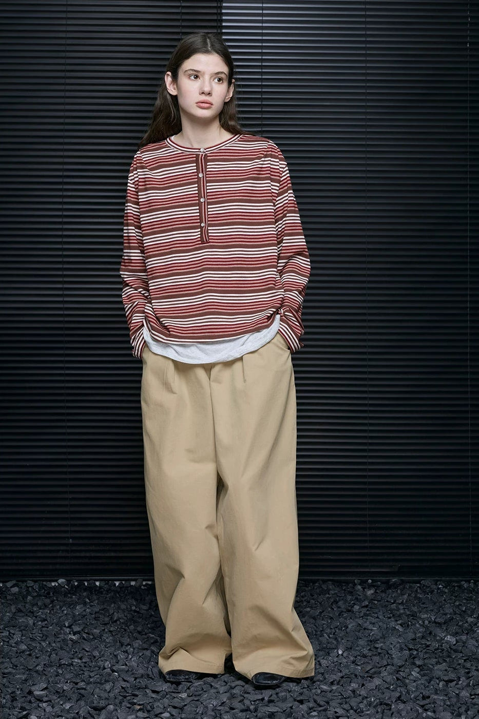 フェイクツーピースストライプ長袖Ｔシャツ　B4679