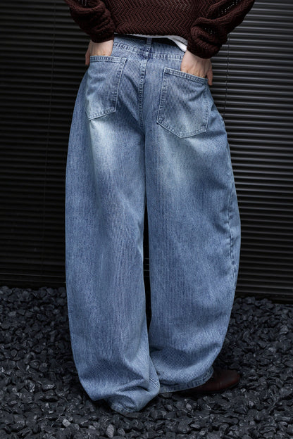 Striped Washed Wide Denim Pants B4956