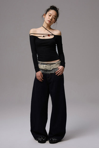 Cow double waist splice embroidered wide jeans B4318