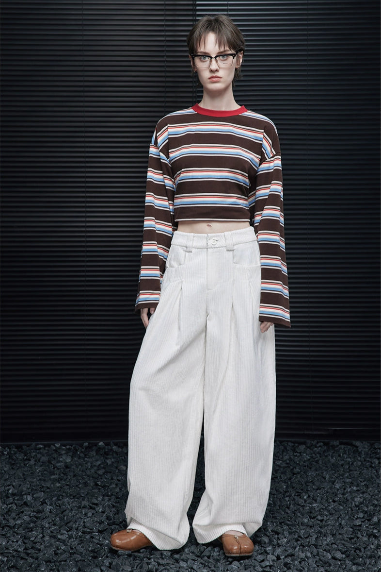 白色燈芯絨寬褲 B4352