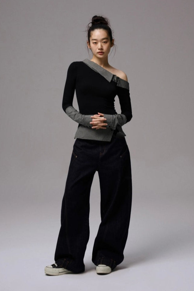 Cow double waist splice embroidered wide jeans B4318