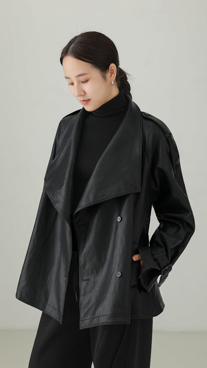 Black PU Leather Belted Stand Collar Jacket B5008