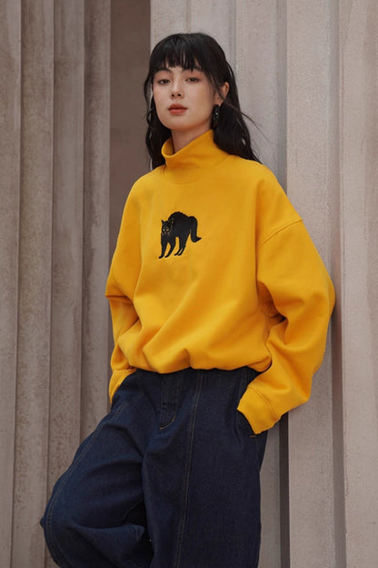黑貓刺繡黃色高領衛衣 B4449