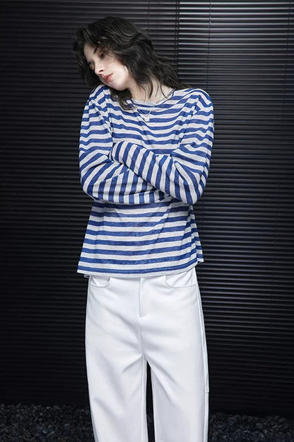 ストライプシンプルルーズ長袖Ｔシャツ　B4690