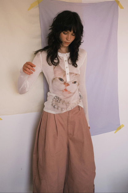 キャットプリントテンセルウールヘンリーネックTシャツ　B4595