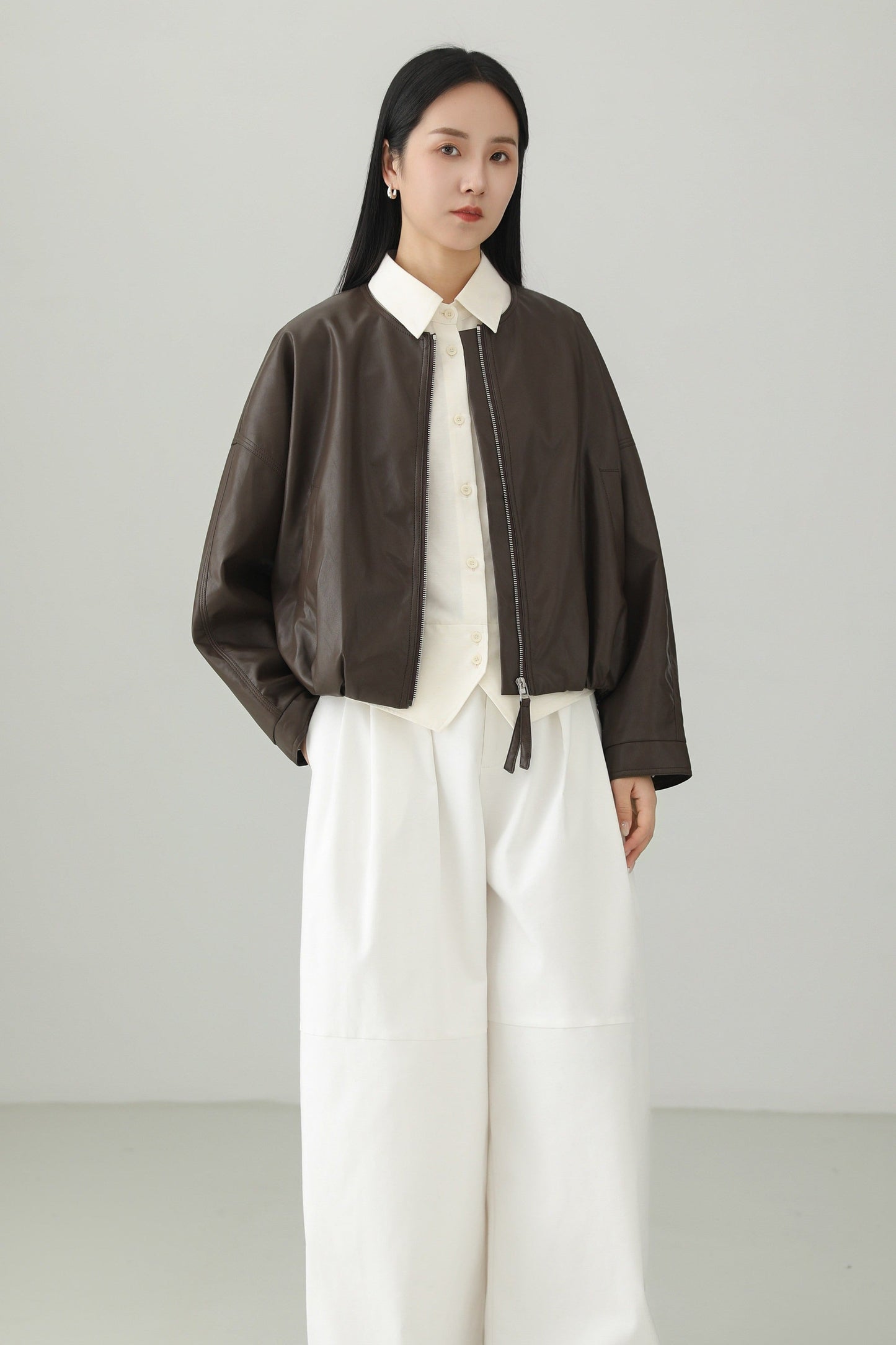 Minimalist PU Leather Cropped Jacket B4657
