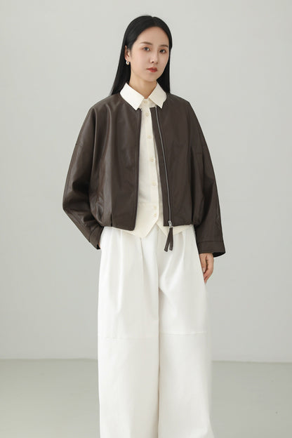 Minimalist PU Leather Cropped Jacket B4657