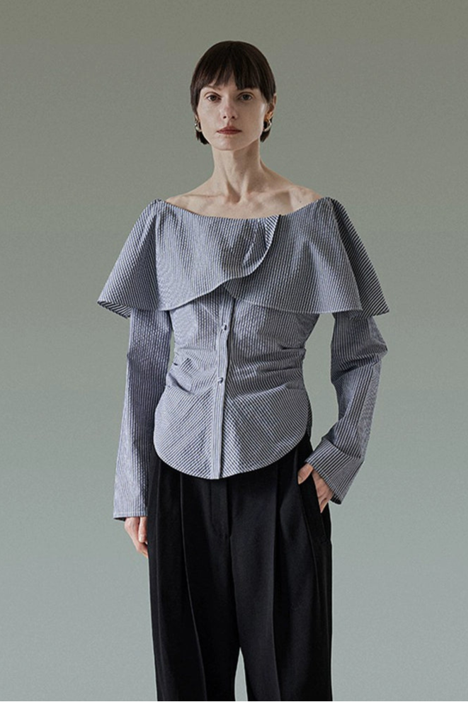 ワンショルダーストライプエレガントトップス　B4196