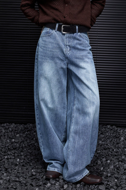 Striped Washed Wide Denim Pants B4956