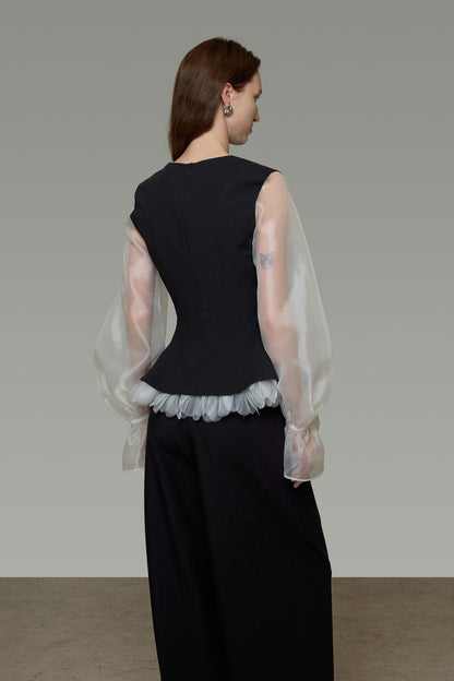 U-Neck Color Block Puff Sleeve Top B4903