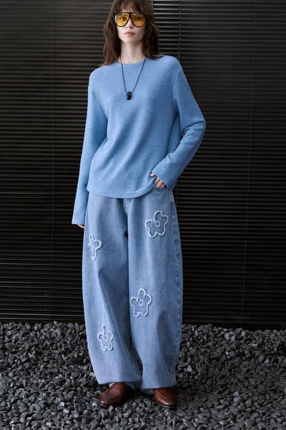 Blue Vintage-Style Textured Long Sleeve T-Shirt B5021