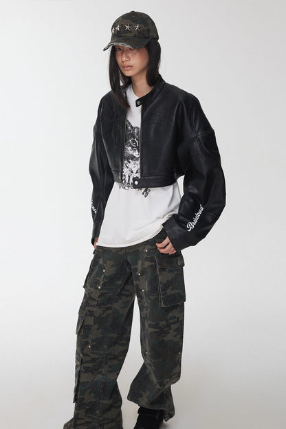 レタープリントフェイクレザーライダースクロップドジャケット　B4390