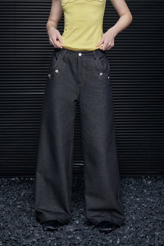 ダブルポケットフェイクデニムストレートワイドパンツ　B4620