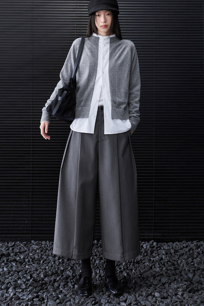 Dark Gray High-Waisted Pleated Wide-Leg Cropped Pants B5024