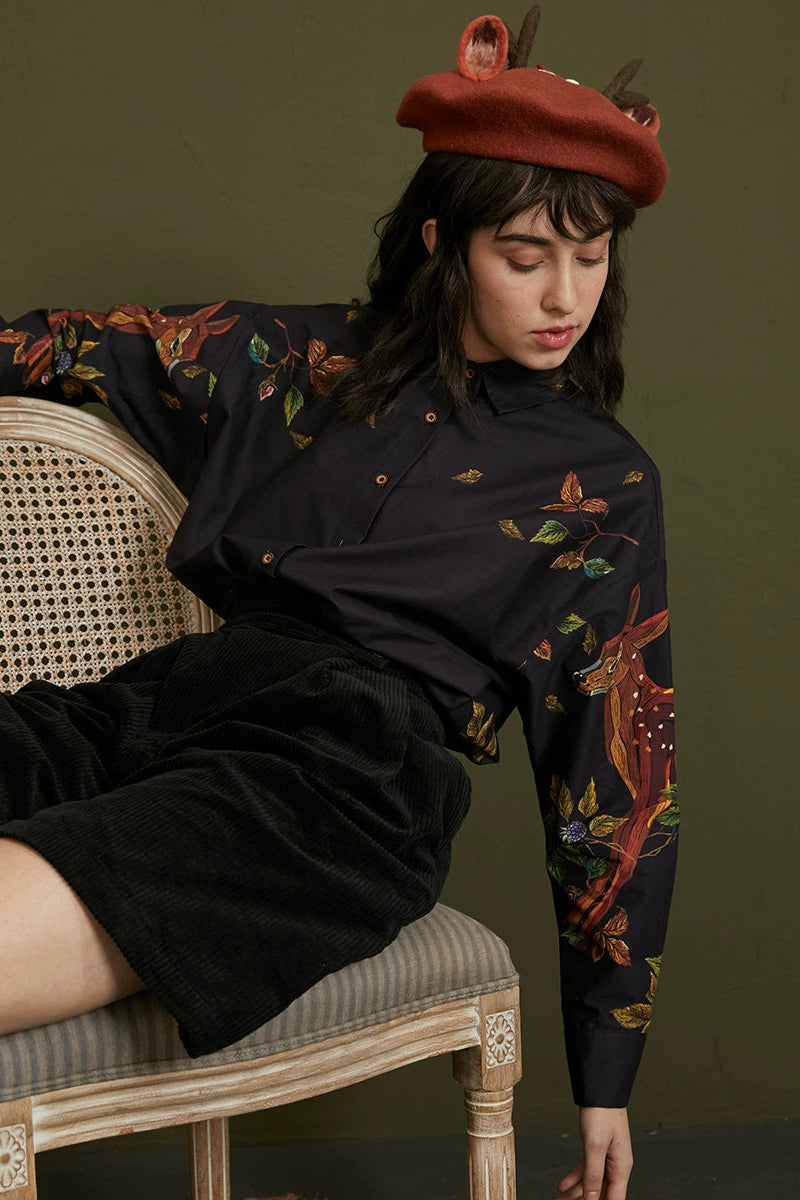 手繪鹿紋寬鬆襯衫 B4460