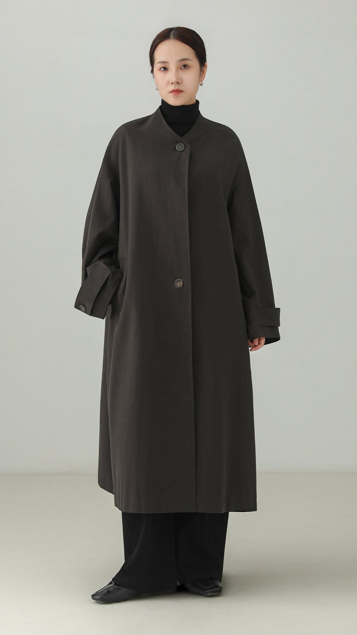 Tencel Cotton No-Collar Long Coat B5009