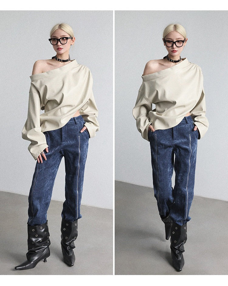 PU asymmetrical diagonal collar cover-up top B4647
