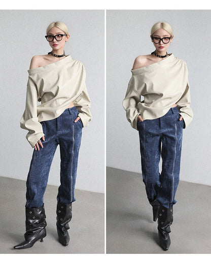 PU asymmetrical diagonal collar cover-up top B4647