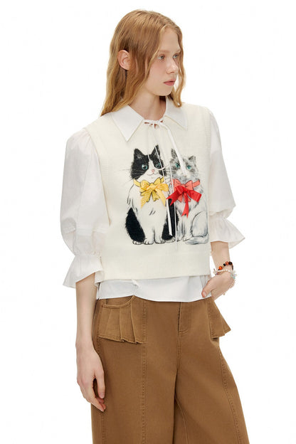 ホワイトキャットプリントVネックベスト　B4599