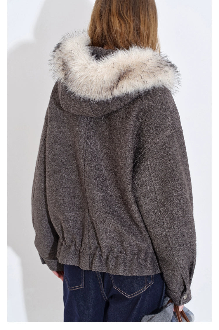 人造毛皮連帽羊毛混紡圈圈保暖外套 B4399