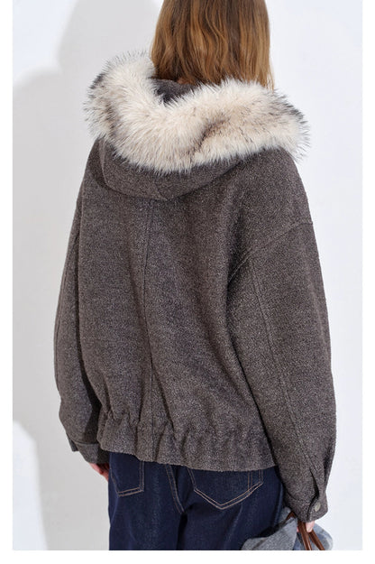 人造毛皮連帽羊毛混紡圈圈保暖外套 B4399