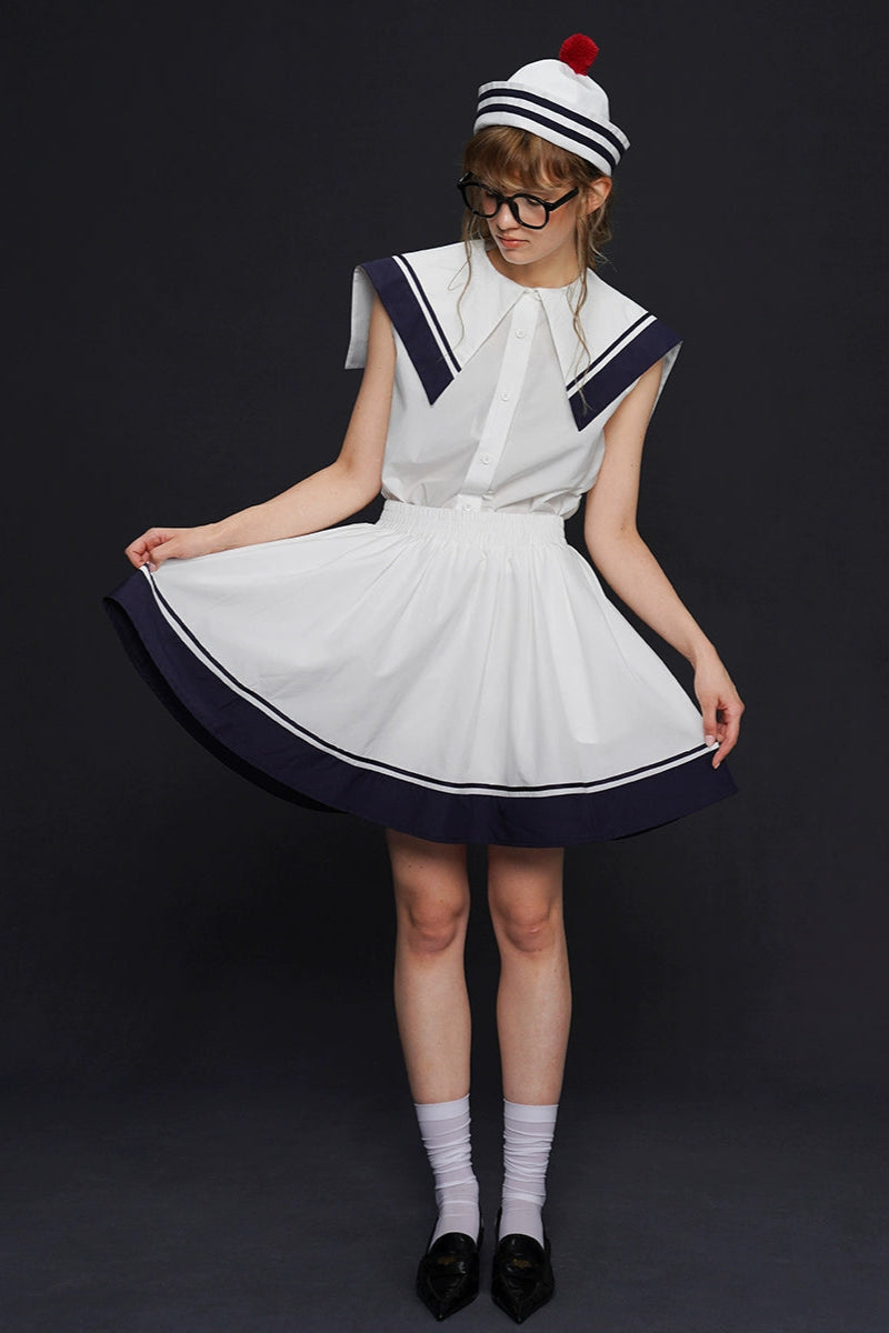 Marine sailor collar sleeveless top, skirt and suit B4155