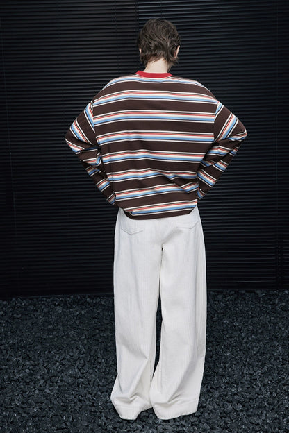 コットンストライプドロップショルダー長袖Ｔシャツ　B4355