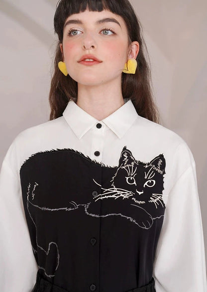 Contrast color black cat embroidery blouse B2704