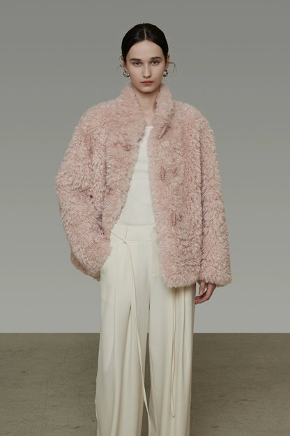 仿羊羔毛寬鬆立領大衣 B4507