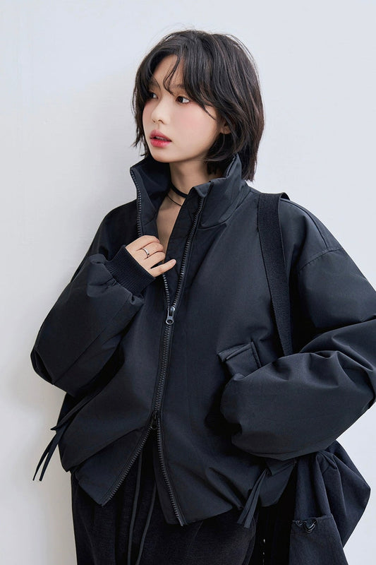 Black stand collar down short jacket B4427