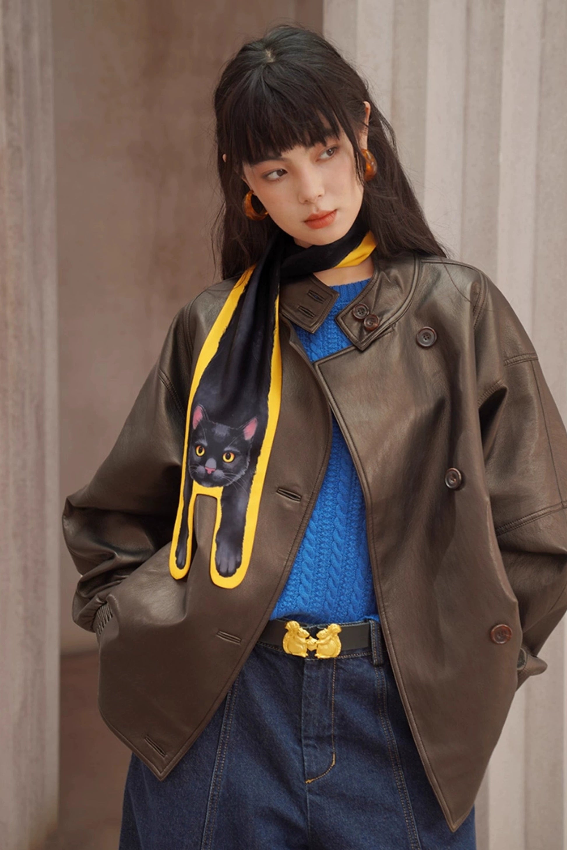 黒猫プリントスカーフ　B4453