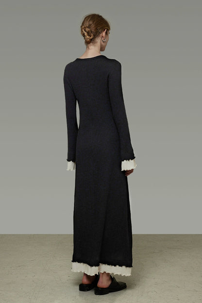 Color Block Flare Sleeve Long Dress B4439