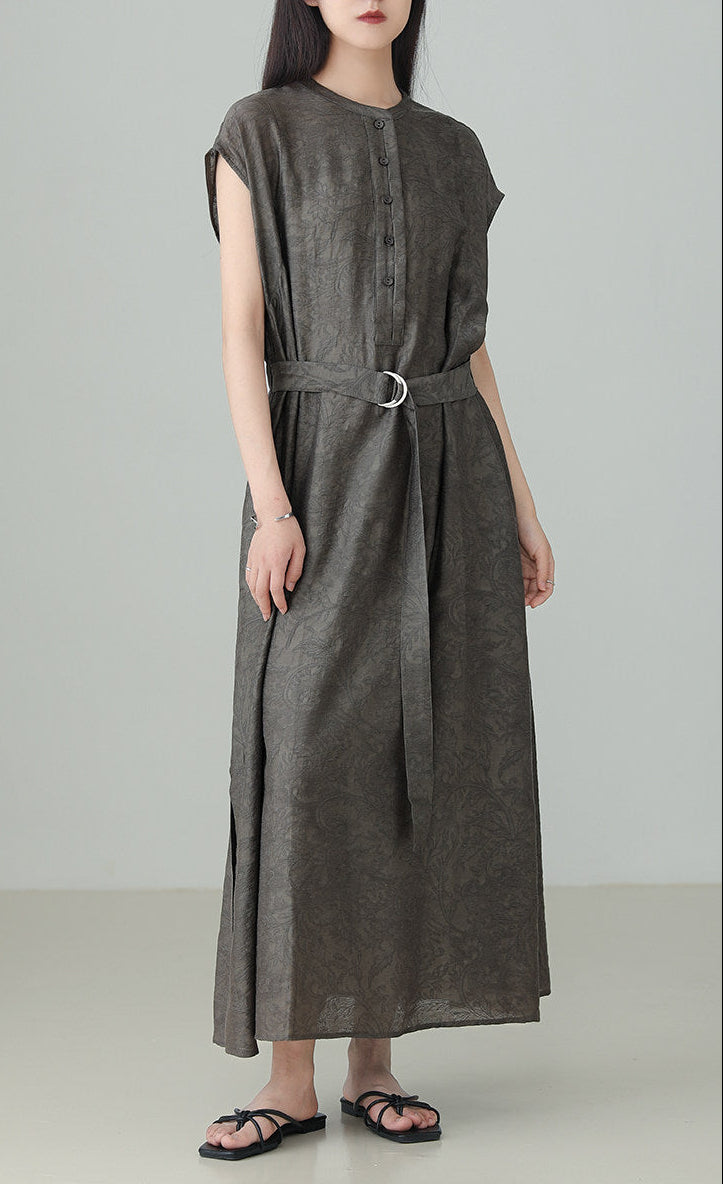 Linen Tencel Jacquard Slit Dress B4895