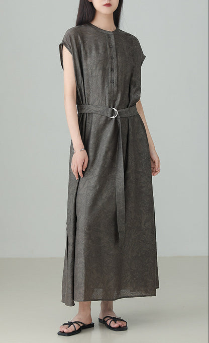 Linen Tencel Jacquard Slit Dress B4895