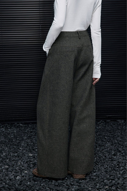 レトログリーンウール混ワイドパンツ　B4538