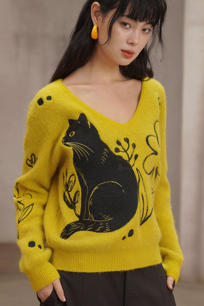 黒猫刺繍イエローラビットファー混セーター　B4451