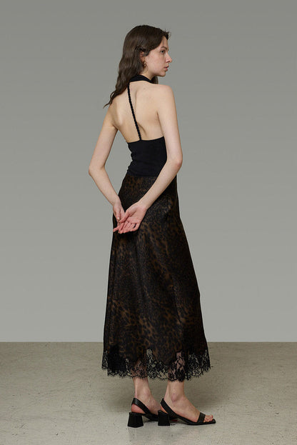 Leopard Lace Hem A-line Long Skirt B4770