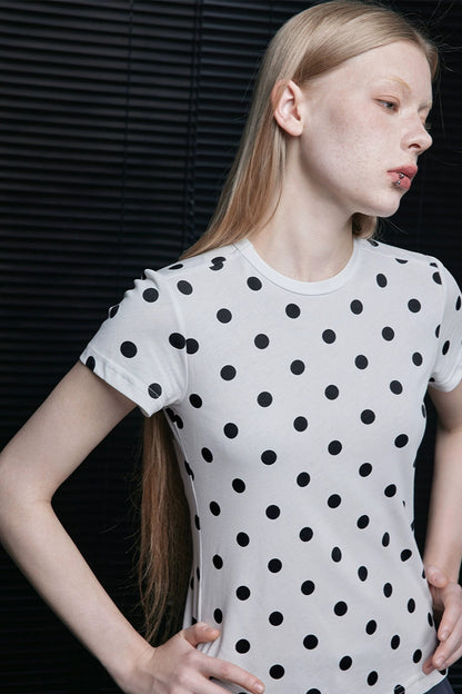 White polka dot short sleeve T-shirt B4055