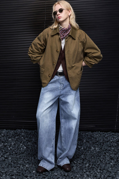 Striped Washed Wide Denim Pants B4956