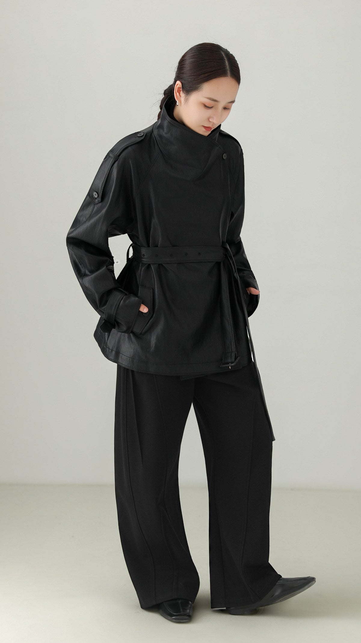 Black PU Leather Belted Stand Collar Jacket B5008