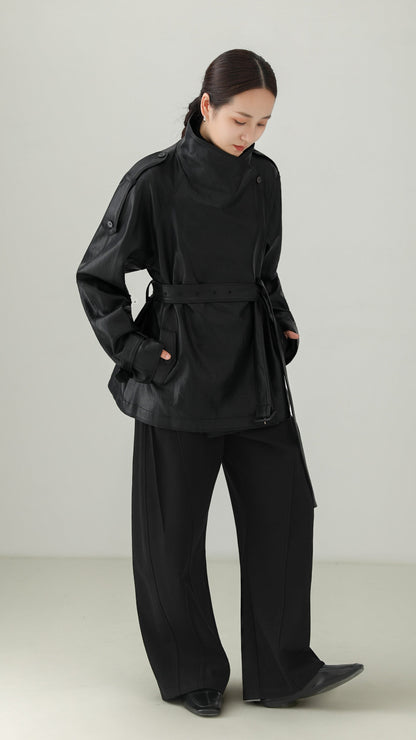 Black PU Leather Belted Stand Collar Jacket B5008