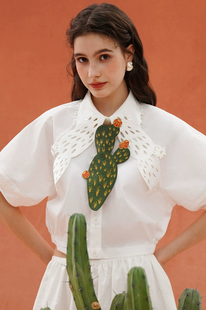 ヴィンテージグリーンサボテン刺繡ネクタイ　B3926