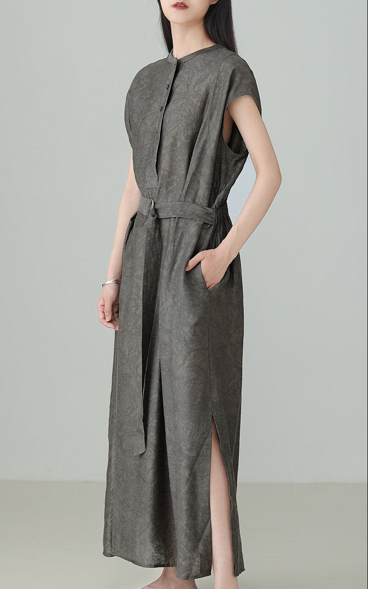Linen Tencel Jacquard Slit Dress B4895